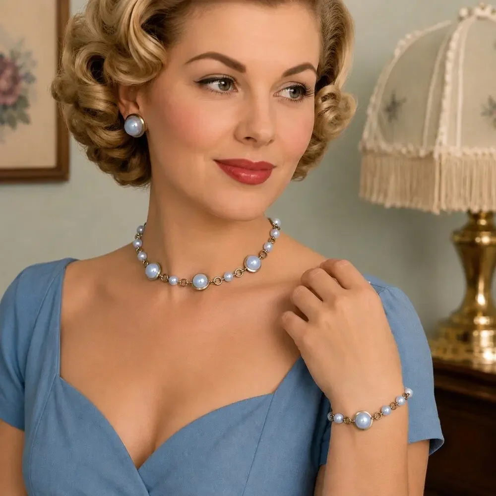 Vintage 1950s Blue Bead Necklace Bracelet Set Gold Tone Atomic Retro - Hey Viv